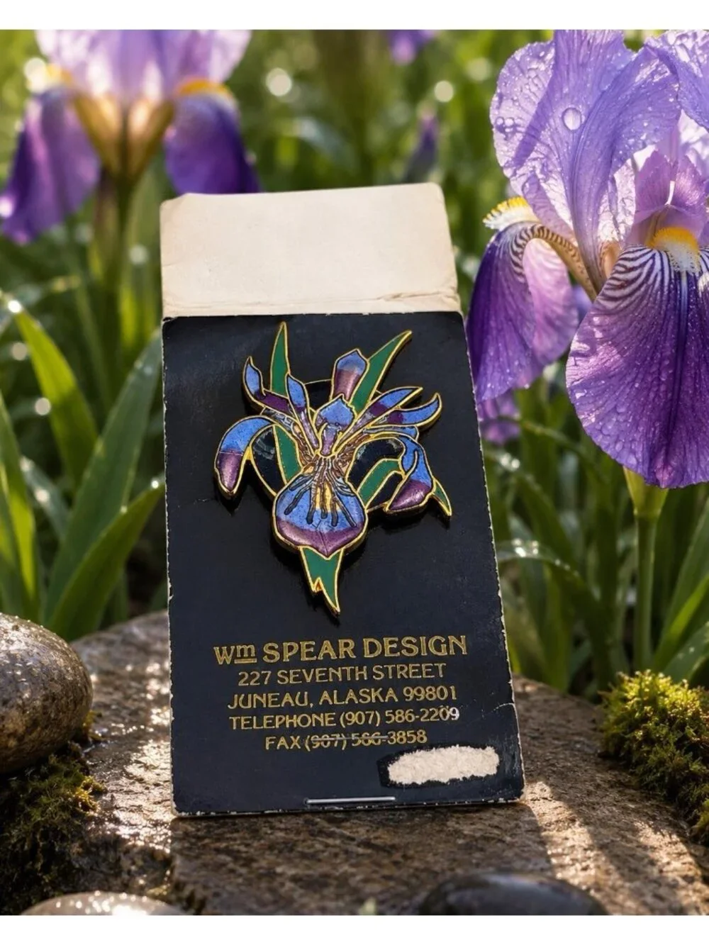 Vintage WM Spear Design Cloisonne Purple Iris Flower Brooch Pin Alaska NOS Card